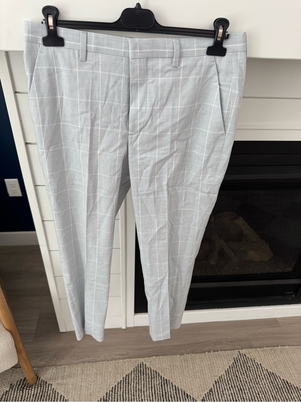 Express Extra Slim Windowpane Plaid Dress Pants Light Blue/White